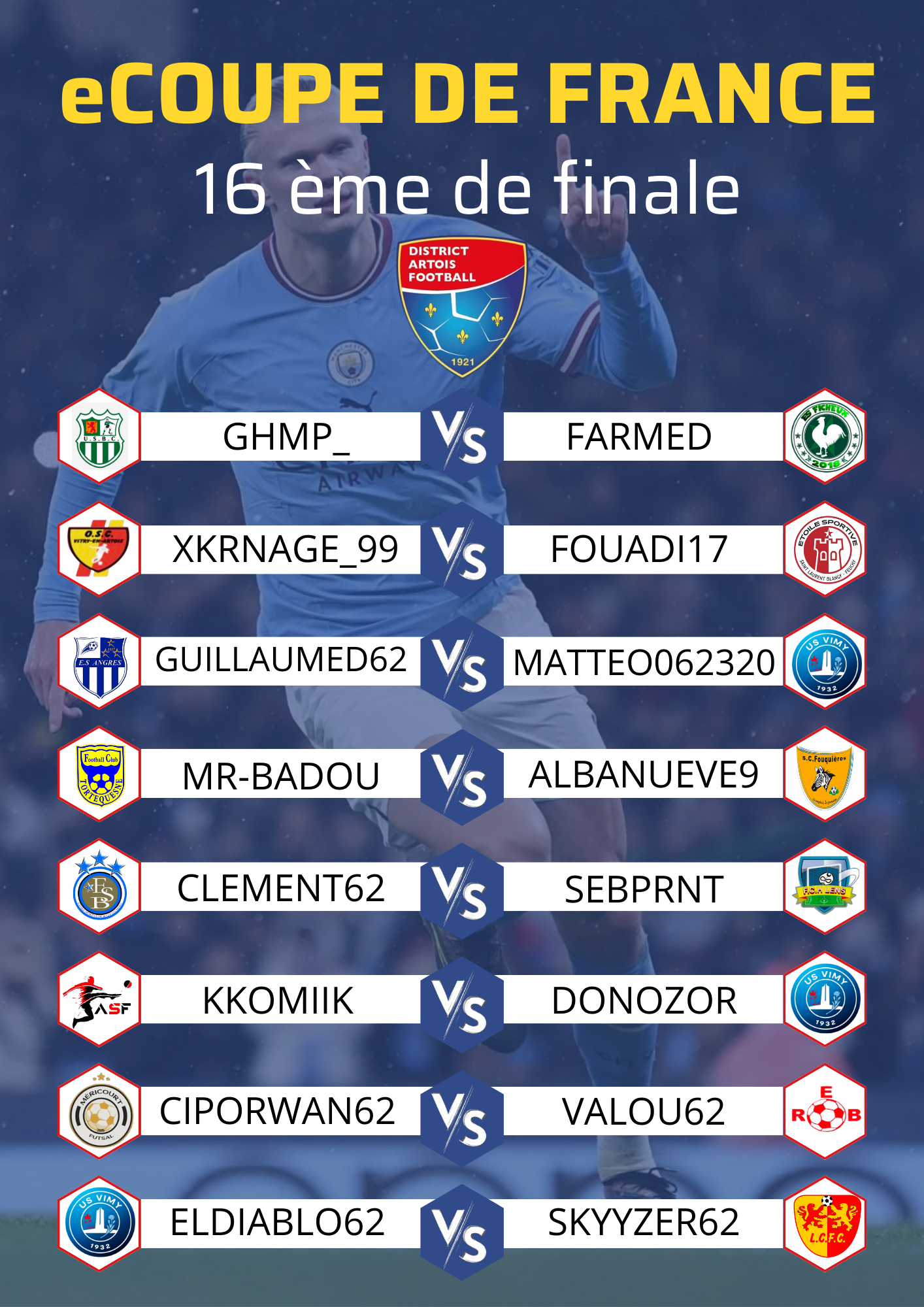 16ème de Finale de la eCoupe de France – DISTRICT ARTOIS DE FOOTBALL